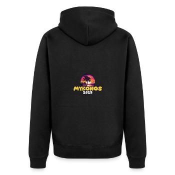 Mykonos 2025 Palmen Bunt - Unisex Premium Bio Zip Hoodie - Schwarz - Hinten - Nico (187cm)