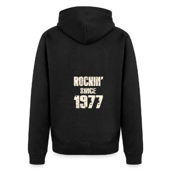 Rockin since 1977 - Unisex Premium Bio Zip Hoodie - Schwarz - Hinten - Nico (187cm)