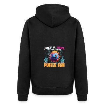 Just a Girl who Loves PUFFER FISH - Unisex Premium Organic Zip Hoodie - black - Back - Nico (187cm)