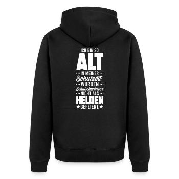 SO ALT, GESCHENK - Unisex Premium Bio Zip Hoodie - Schwarz - Hinten - Nico (187cm)