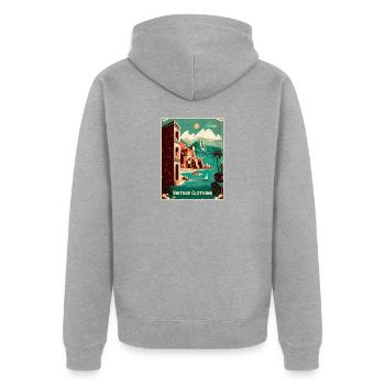 Vintage Clothing Coast - Unisex Premium Bio Zip Hoodie - Grau meliert - Hinten - Nico (187cm)
