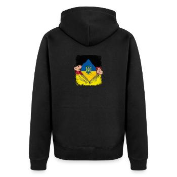 Ukrainisches Tryzub-Symbol auf deutscher Flagge - Ukraine - Unisex Premium Bio Zip Hoodie - Schwarz - Hinten - Nico (187cm)
