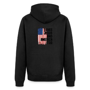 Loves Jesus and America Too - Unisex Premium Organic Zip Hoodie - black - Back - Nico (187cm)