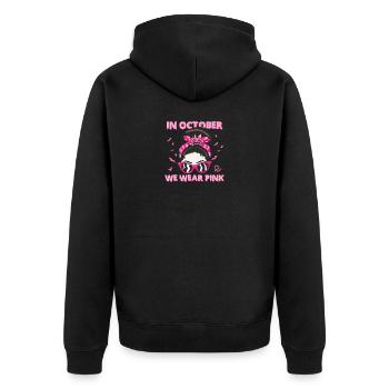 Im Oktober tragen wir Pink Messy Bun Pumpkin Pink - Unisex Premium Bio Zip Hoodie - Schwarz - Hinten - Nico (187cm)