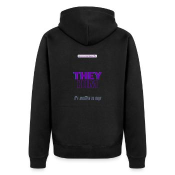 #pronounsarebeautiful they/him - Veste à capuche bio Premium Unisexe - noir - Dos - Nico (187cm)