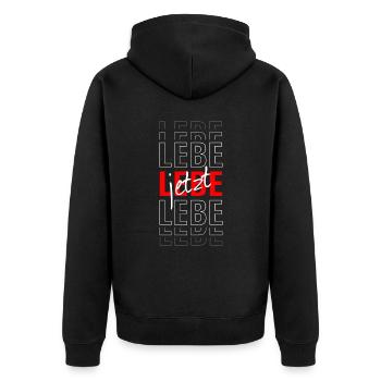 Lebe jetzt - Unisex Premium Bio Zip Hoodie - Schwarz - Hinten - Nico (187cm)