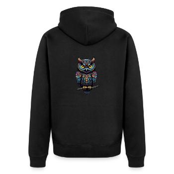 Dekorative Eule sitzt auf einem Ast - Unisex Premium Bio Zip Hoodie - Schwarz - Hinten - Nico (187cm)