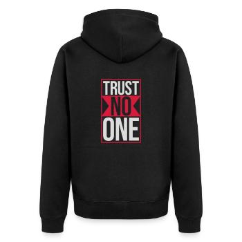 trust no one Zitat - Unisex Premium Bio Zip Hoodie - Schwarz - Hinten - Nico (187cm)