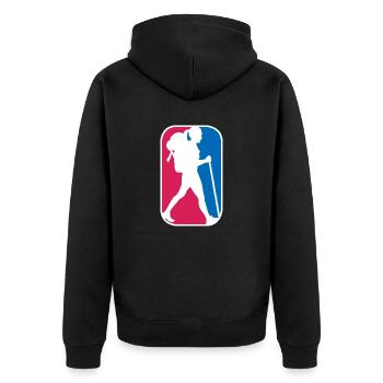 Wandern Outdoor Frau Berge Logo lustiges Geschenk - Unisex Premium Bio Zip Hoodie - Schwarz - Hinten - Nico (187cm)