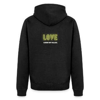 Liebe ist ALLES - Unisex Premium Bio Zip Hoodie - Schwarz - Hinten - Nico (187cm)