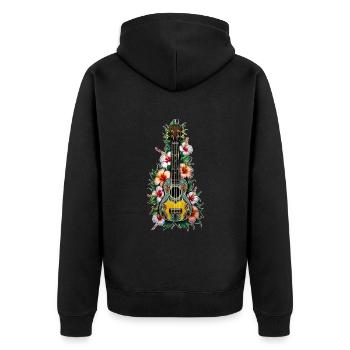Ukulele mit Hibiskus KI - Unisex Premium Bio Zip Hoodie - Schwarz - Hinten - Nico (187cm)