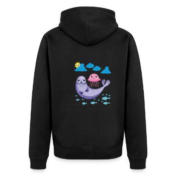 Kleiner Seehund Sonne Fische Qualle - Unisex Premium Bio Zip Hoodie - Schwarz - Hinten - Nico (187cm)
