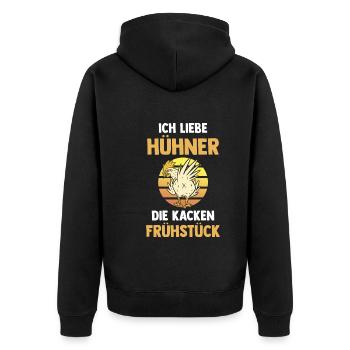 Ich Liebe Hühner Die Kacken Frühstück - Unisex Premium Bio Zip Hoodie - Schwarz - Hinten - Nico (187cm)