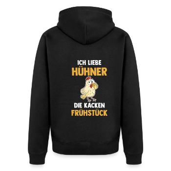 Ich Liebe Hühner Die Kacken Frühstück - Unisex Premium Bio Zip Hoodie - Schwarz - Hinten - Nico (187cm)