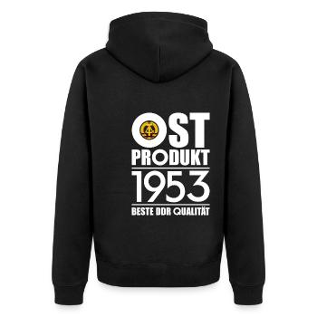 OSTPRODUKT 1953 DDR OSSI 73. GEBURTSTAG - Unisex Premium Bio Zip Hoodie - Schwarz - Hinten - Nico (187cm)