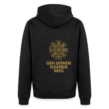 Wegweiser VEGVISIR - GEH DEINEN EIGENEN WEG - Unisex Premium Bio Zip Hoodie - Schwarz - Hinten - Nico (187cm)