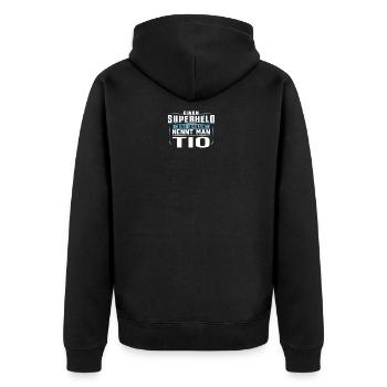 TIO Superheld - Unisex Premium Bio Zip Hoodie - Schwarz - Hinten - Nico (187cm)