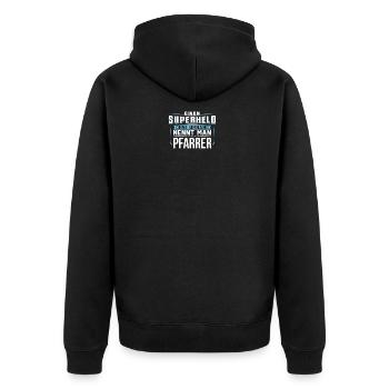 PFARRER Superheld - Unisex Premium Bio Zip Hoodie - Schwarz - Hinten - Nico (187cm)