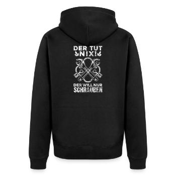 Der tut NIX Der will nur schrauben Werkstatt KFZ - Unisex Premium Bio Zip Hoodie - Schwarz - Hinten - Nico (187cm)