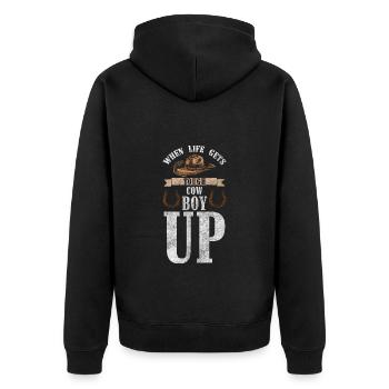 Country Sheriff Dressur Westernreiten - Unisex Premium Bio Zip Hoodie - Schwarz - Hinten - Nico (187cm)