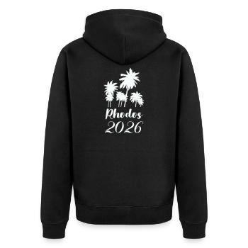 Rhodos Palmen 2026 - Unisex Premium Bio Zip Hoodie - Schwarz - Hinten - Nico (187cm)