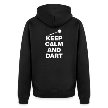 KEEP CALM AND PLAY DARTS! WEISS 180 DARTSPORT - Unisex Premium Bio Zip Hoodie - Schwarz - Hinten - Nico (187cm)