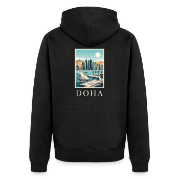 Doha Waterfront Cityscape Katar Reiseplakat - Unisex Premium Bio Zip Hoodie - Schwarz - Hinten - Nico (187cm)