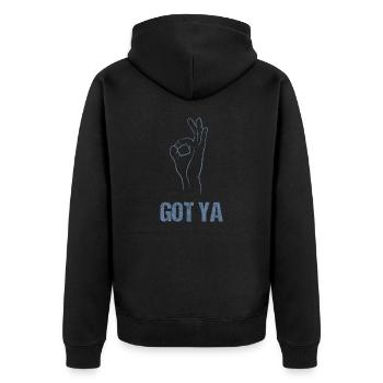 Reingeguckt" Handspiel - Klassischer Got - Unisex Premium Bio Zip Hoodie - Schwarz - Hinten - Nico (187cm)