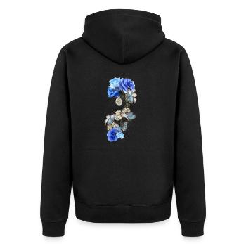 Steampunk Design mit blauen Schmetterlingen und Rosen - Unisex Premium Bio Zip Hoodie - Schwarz - Hinten - Nico (187cm)
