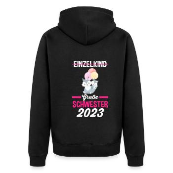 Schwester 2023 - Unisex Premium Bio Zip Hoodie - Schwarz - Hinten - Nico (187cm)