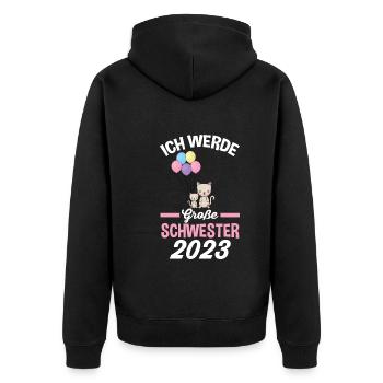 Katze Schwester 2023 - Unisex Premium Bio Zip Hoodie - Schwarz - Hinten - Nico (187cm)