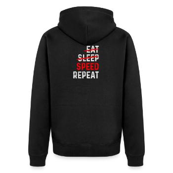 SPEED REPEAT - Unisex Premium Bio Zip Hoodie - Schwarz - Hinten - Nico (187cm)