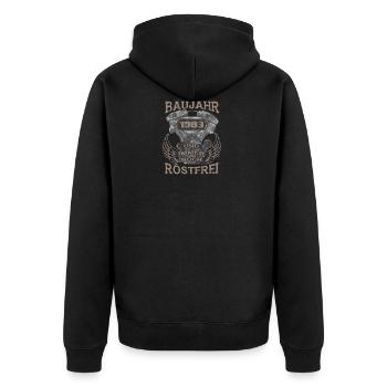 Baujahr und immer noch Rostfrei 1963 - Unisex Premium Bio Zip Hoodie - Schwarz - Hinten - Nico (187cm)