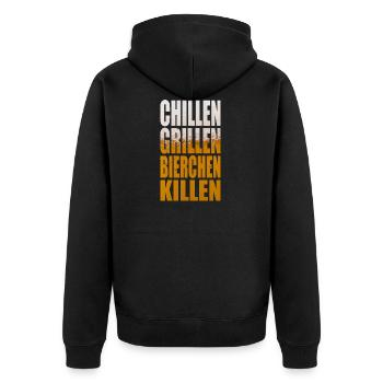 Chillen Grillen Bierchen Killen Party Shirt - Unisex Premium Bio Zip Hoodie - Schwarz - Hinten - Nico (187cm)