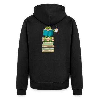 Funny Frog Book Reading and Drinking Tea - Unisex Premium Organic Zip Hoodie - black - Back - Nico (187cm)