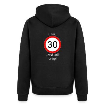 30 years and crisp script white - Unisex Premium Bio Zip Hoodie - Schwarz - Hinten - Nico (187cm)