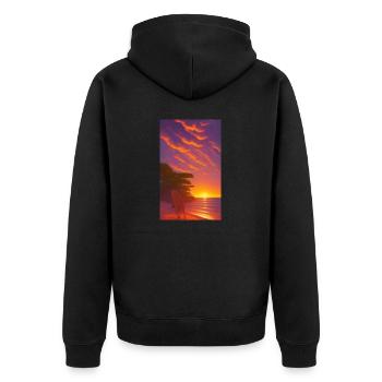 Dessin comique d’un paysage de plage au coucher du soleil - Veste à capuche bio Premium Unisexe - noir - Dos - Nico (187cm)