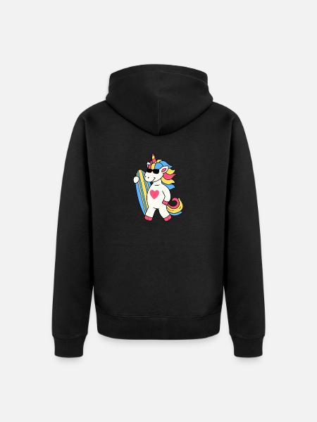 ENHJØRNING SURFING ENHJØRNING SURFING SURFBRÆT MOTIV - Premium økologisk unisex-hættejakke - sort