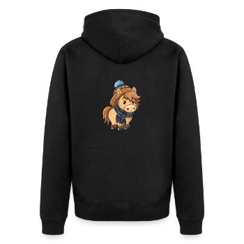 Niedliches Pony mit Schal und Pudelmütze. - Unisex Premium Bio Zip Hoodie - Schwarz - Hinten - Nico (187cm)