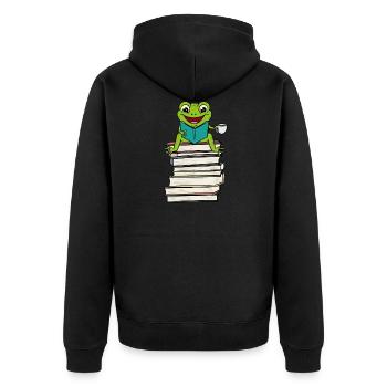 Frog sitting on Book Reading and drinking Coffee - Unisex Premium Organic Zip Hoodie - black - Back - Nico (187cm)