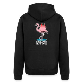 Flame-Ingo - ein flammender Flamingo - Unisex Premium Bio Zip Hoodie - Schwarz - Hinten - Nico (187cm)