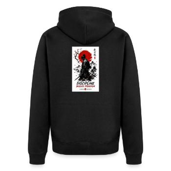 Disziplin formt Freiheit - Unisex Premium Bio Zip Hoodie - Schwarz - Hinten - Nico (187cm)