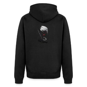 Frauengesicht von Sondlerin mit Metalldetektor - Unisex Premium Bio Zip Hoodie - Schwarz - Hinten - Nico (187cm)