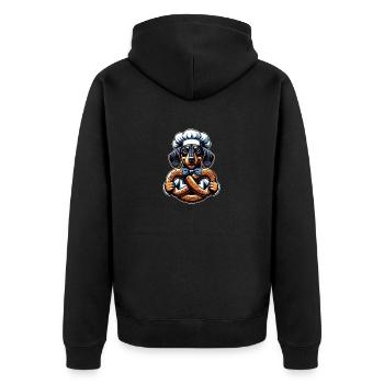 Teckel avec chapeau de boulanger et grand bretzel - Veste à capuche bio Premium Unisexe - noir - Dos - Nico (187cm)