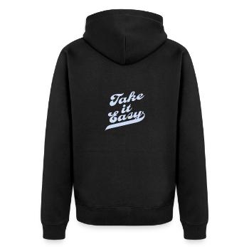 Take It Easy – Vintage Retro Typografie – Hellblau - Unisex Premium Bio Zip Hoodie - Schwarz - Hinten - Nico (187cm)