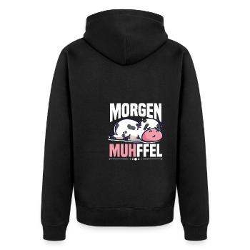 Morgenmuffel Kuh Motiv MUHffel - Unisex Premium Bio Zip Hoodie - Schwarz - Hinten - Nico (187cm)