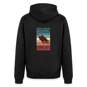 Früher war ich normal jetzt esse ich Schaschlik - Unisex Premium Bio Zip Hoodie - Schwarz - Hinten - Nico (187cm)