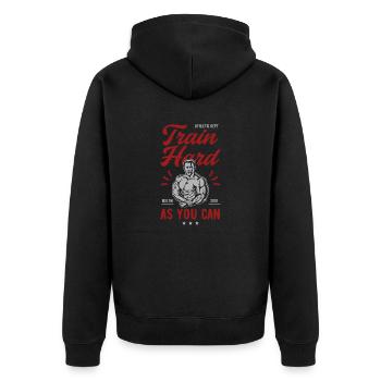 Train Hard - Unisex Premium Organic Zip Hoodie - black - Back - Nico (187cm)