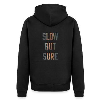 Langsam aber sicher - Unisex Premium Bio Zip Hoodie - Schwarz - Hinten - Nico (187cm)