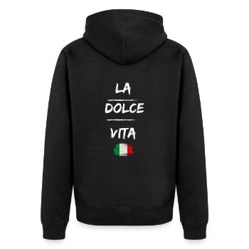 La dolce vita bella italia - Unisex Premium Bio Zip Hoodie - Schwarz - Hinten - Nico (187cm)